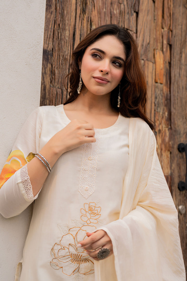 Embroidered Beige Color Viscose Readymade Salwar Suit
