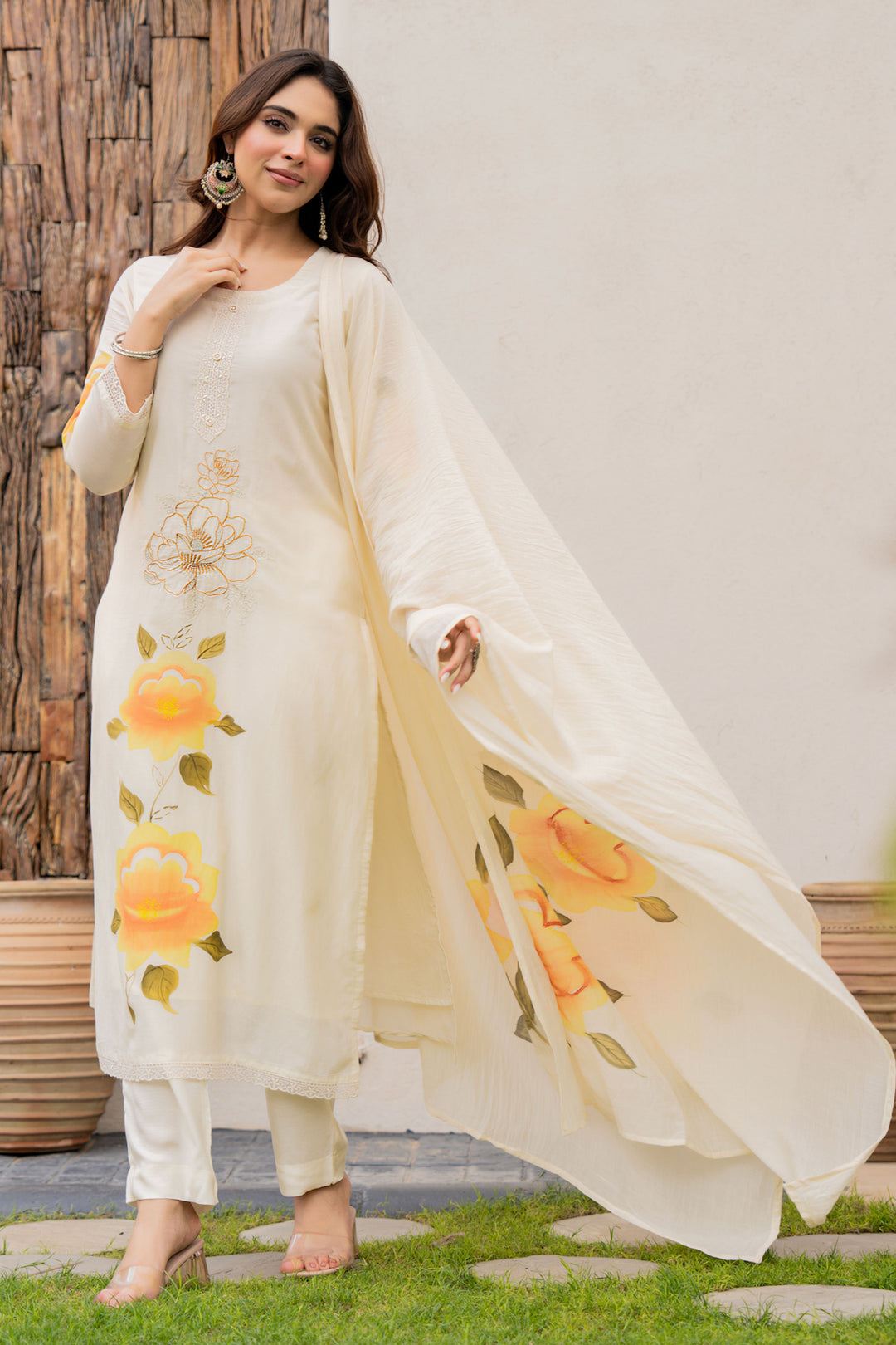 Embroidered Beige Color Viscose Readymade Salwar Suit