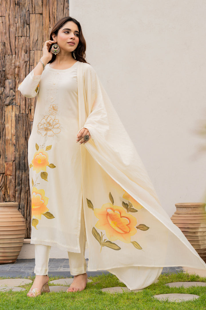 Embroidered Beige Color Viscose Readymade Salwar Suit