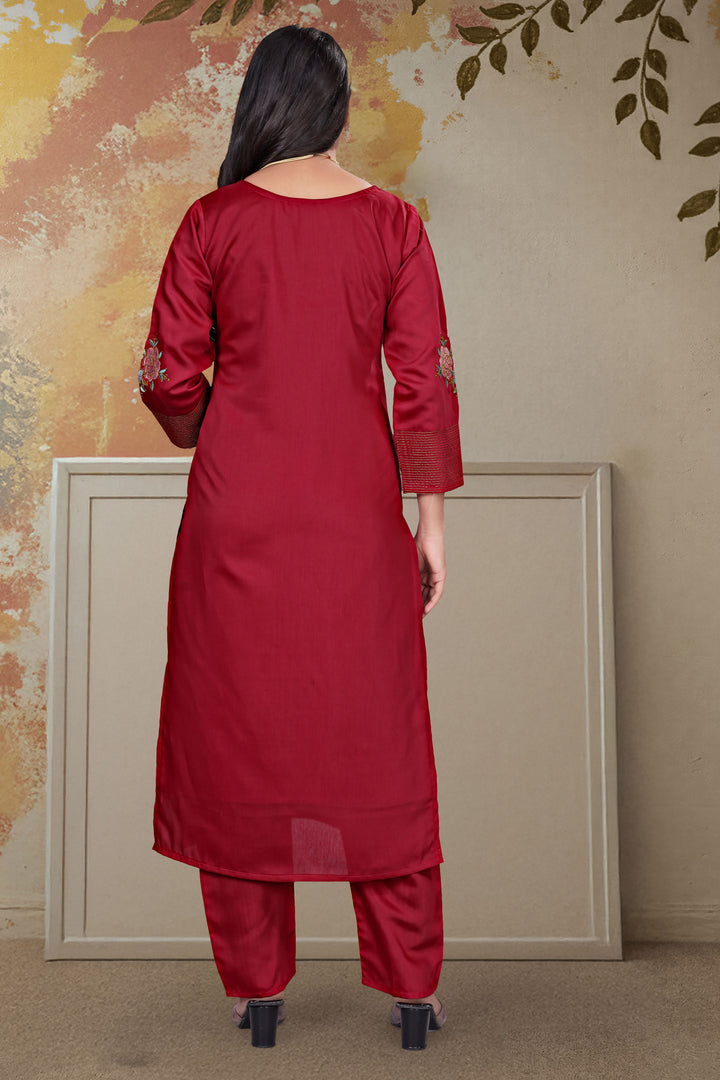 Maroon Embroidered Chanderi Silk Readymade Salwar Suit
