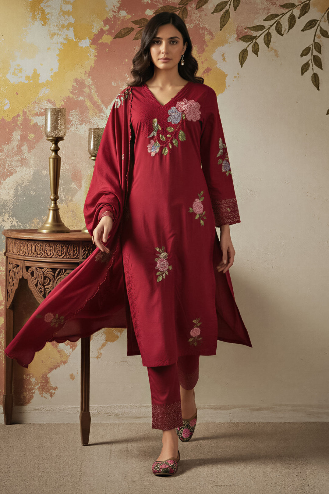 Maroon Embroidered Chanderi Silk Readymade Salwar Suit