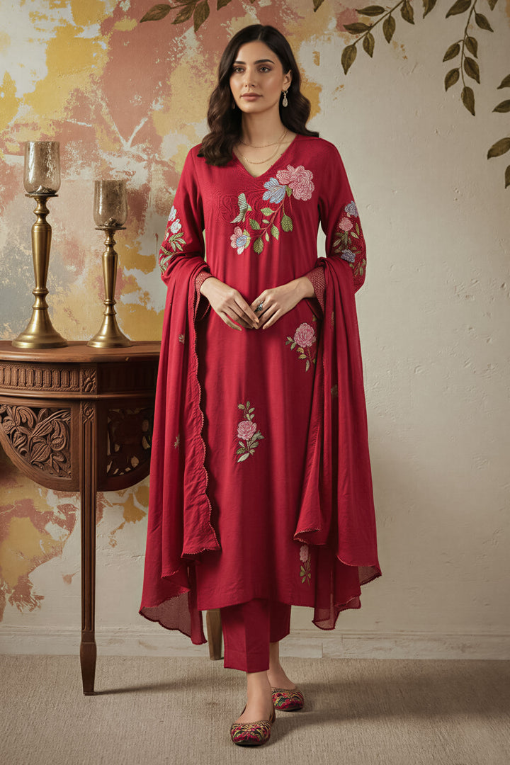 Maroon Embroidered Chanderi Silk Readymade Salwar Suit