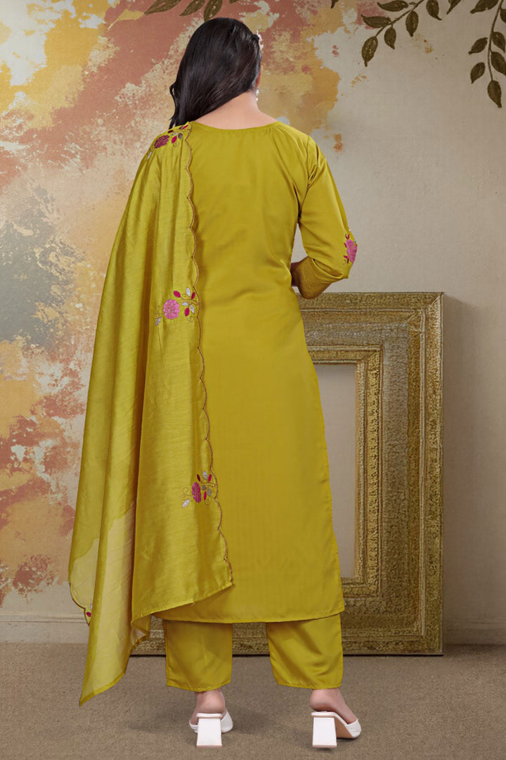 Mustard Color Embroidered Chanderi Silk Readymade Salwar Suit