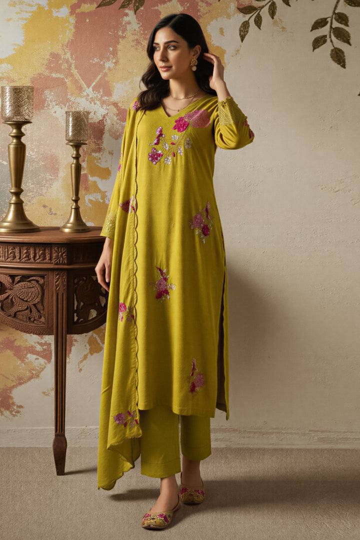 Mustard Color Embroidered Chanderi Silk Readymade Salwar Suit