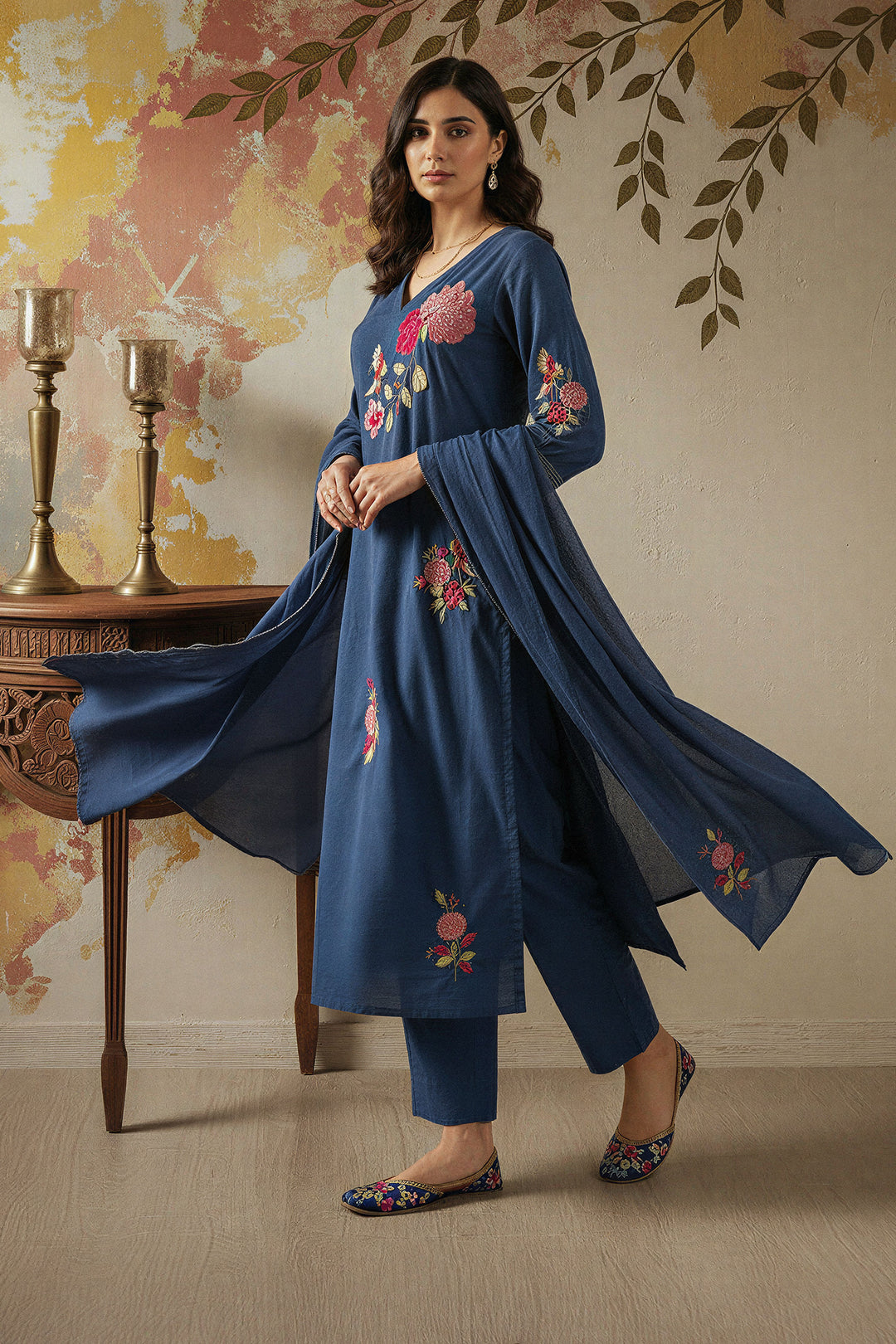 Embroidered Navy Blue Chanderi Silk Readymade Salwar Suit