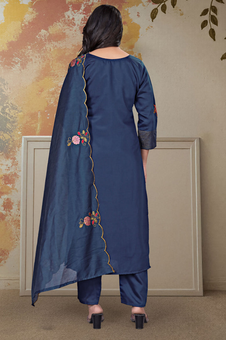 Embroidered Navy Blue Chanderi Silk Readymade Salwar Suit