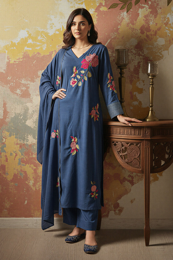 Embroidered Navy Blue Chanderi Silk Readymade Salwar Suit
