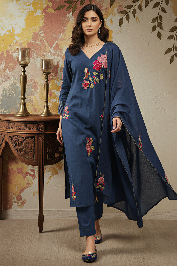 Embroidered Navy Blue Chanderi Silk Readymade Salwar Suit