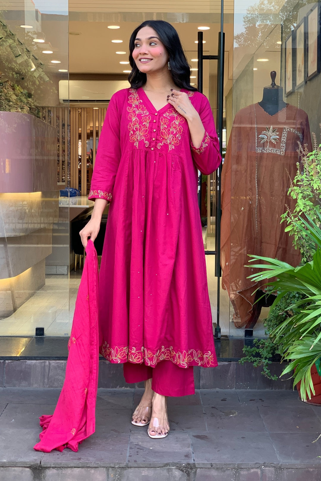 Rani Color Chanderi Silk Readymade Embroidered Salwar Suit