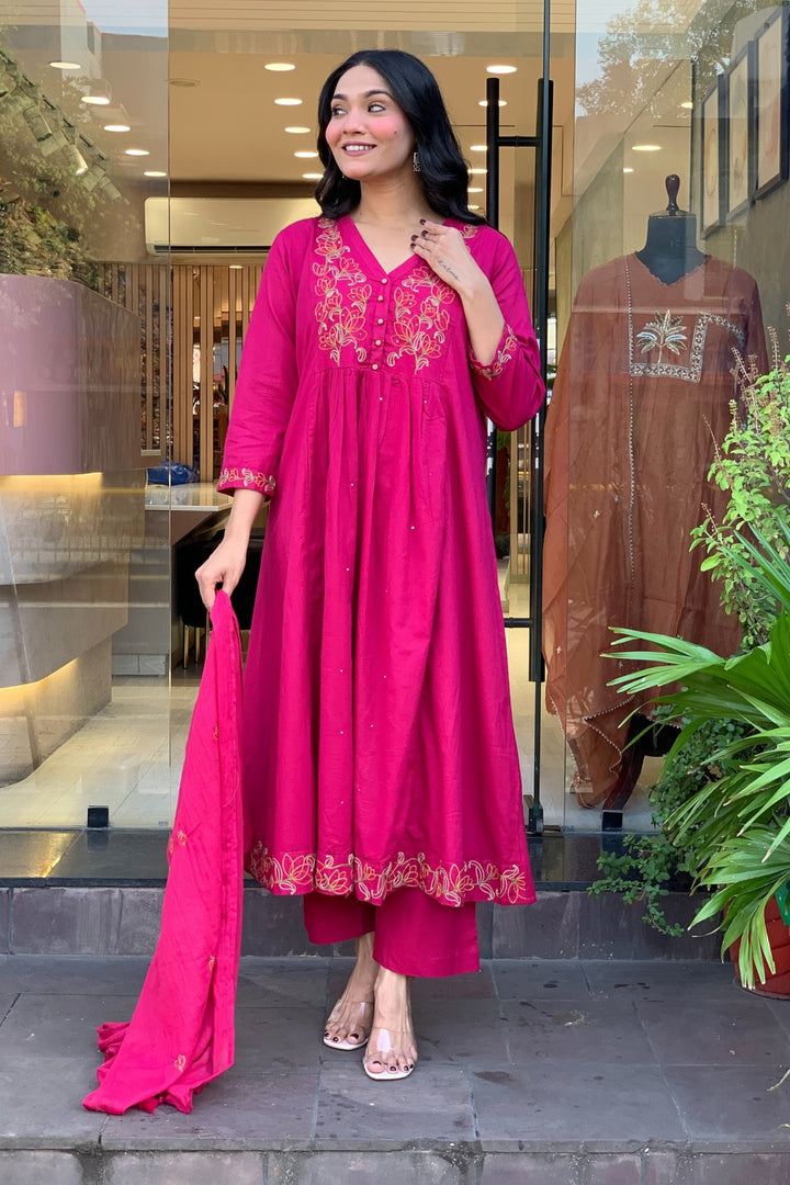 Rani Color Chanderi Silk Readymade Embroidered Salwar Suit