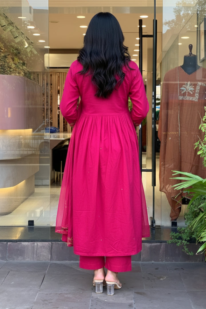Rani Color Chanderi Silk Readymade Embroidered Salwar Suit