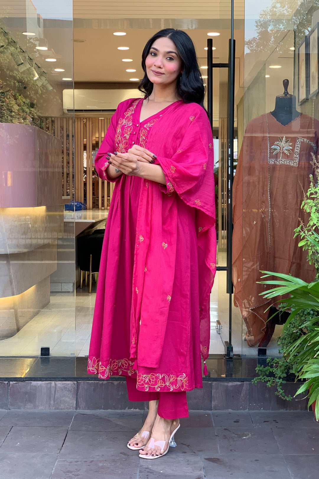 Rani Color Chanderi Silk Readymade Embroidered Salwar Suit