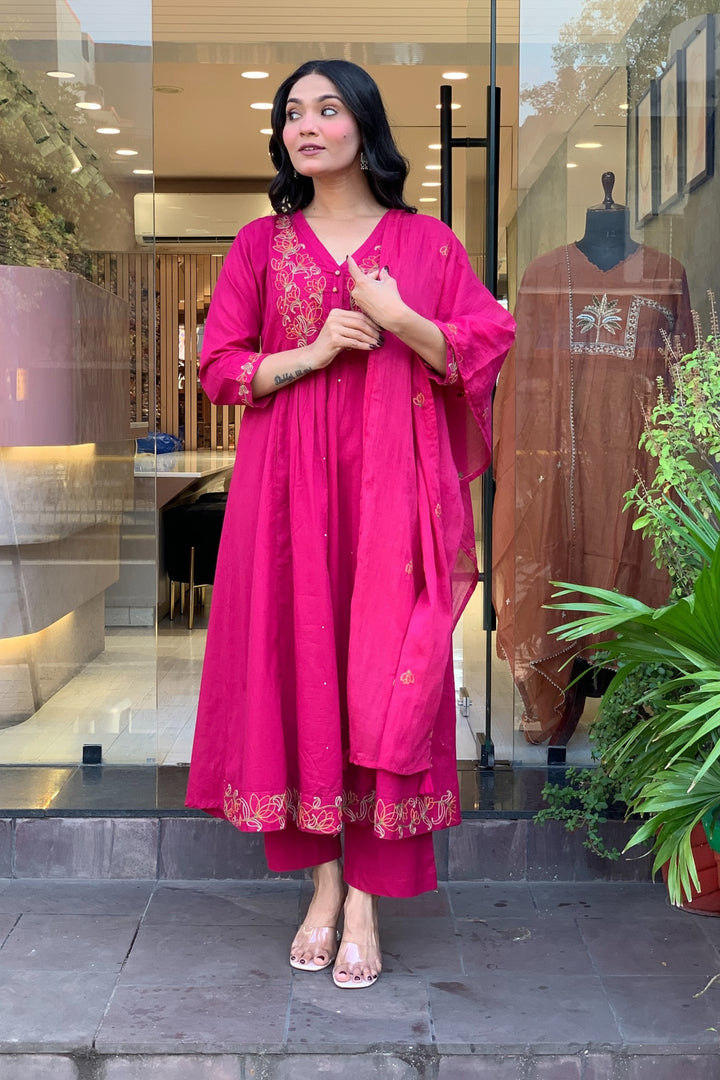 Rani Color Chanderi Silk Readymade Embroidered Salwar Suit