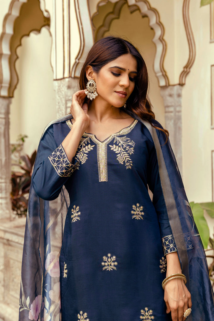 Navy Blue Viscose Embroidered Readymade Salwar Suit