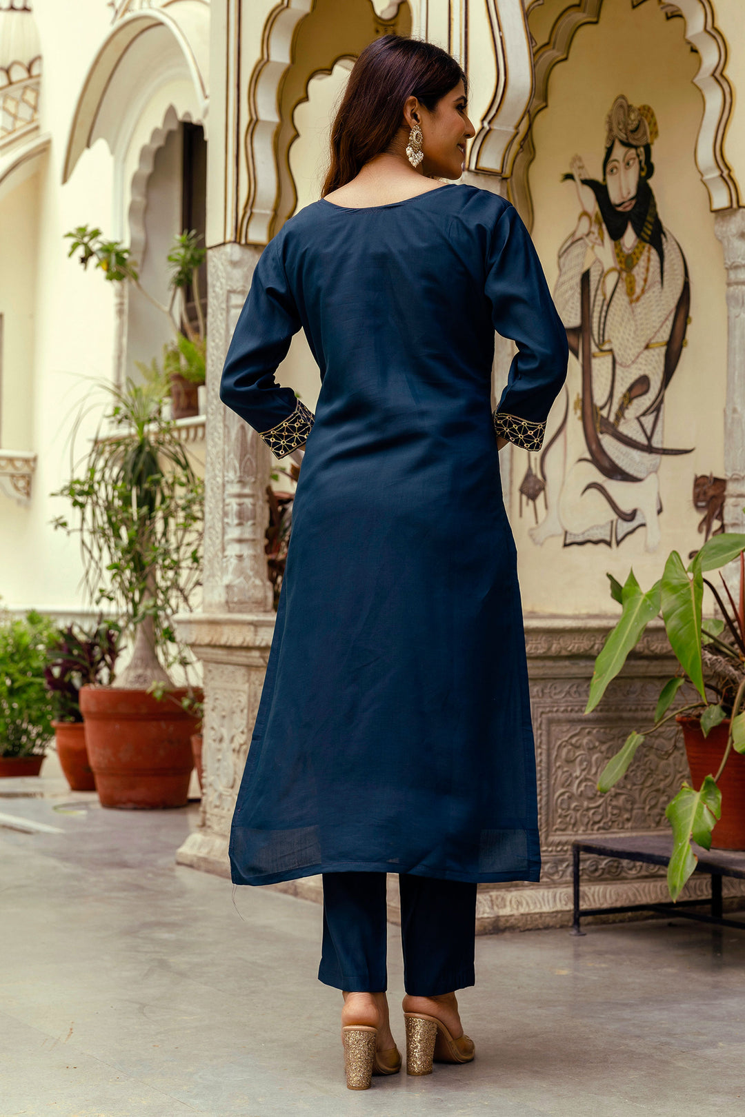 Navy Blue Viscose Embroidered Readymade Salwar Suit