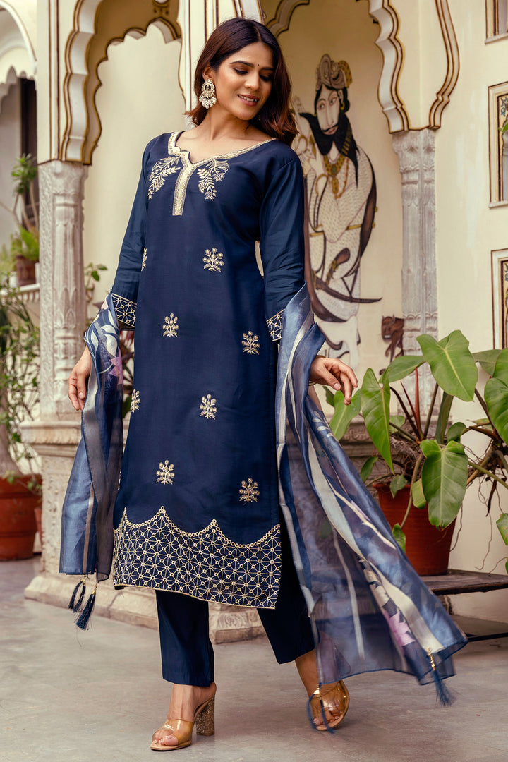 Navy Blue Viscose Embroidered Readymade Salwar Suit
