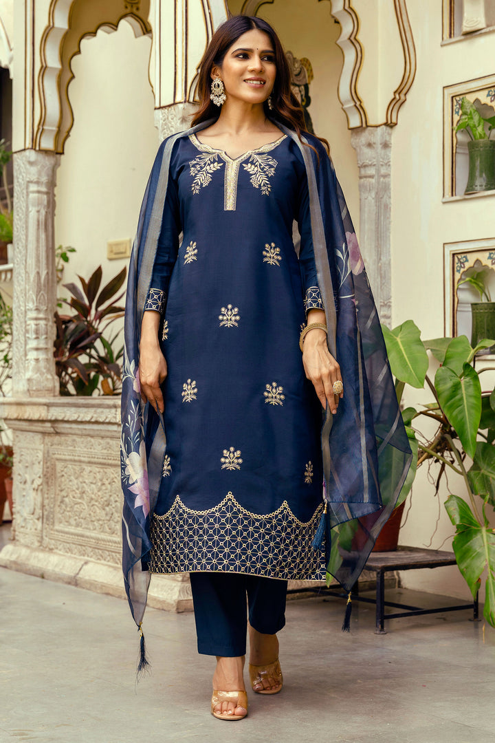Navy Blue Viscose Embroidered Readymade Salwar Suit
