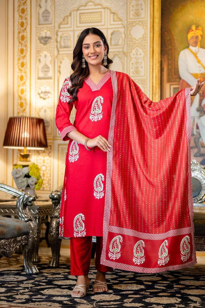 Red Color Rayon Fabric Printed Readymade Salwar Suit