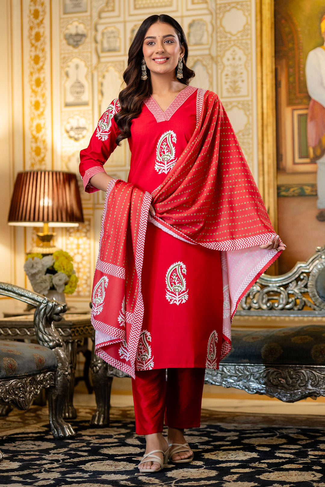 Red Color Rayon Fabric Printed Readymade Salwar Suit