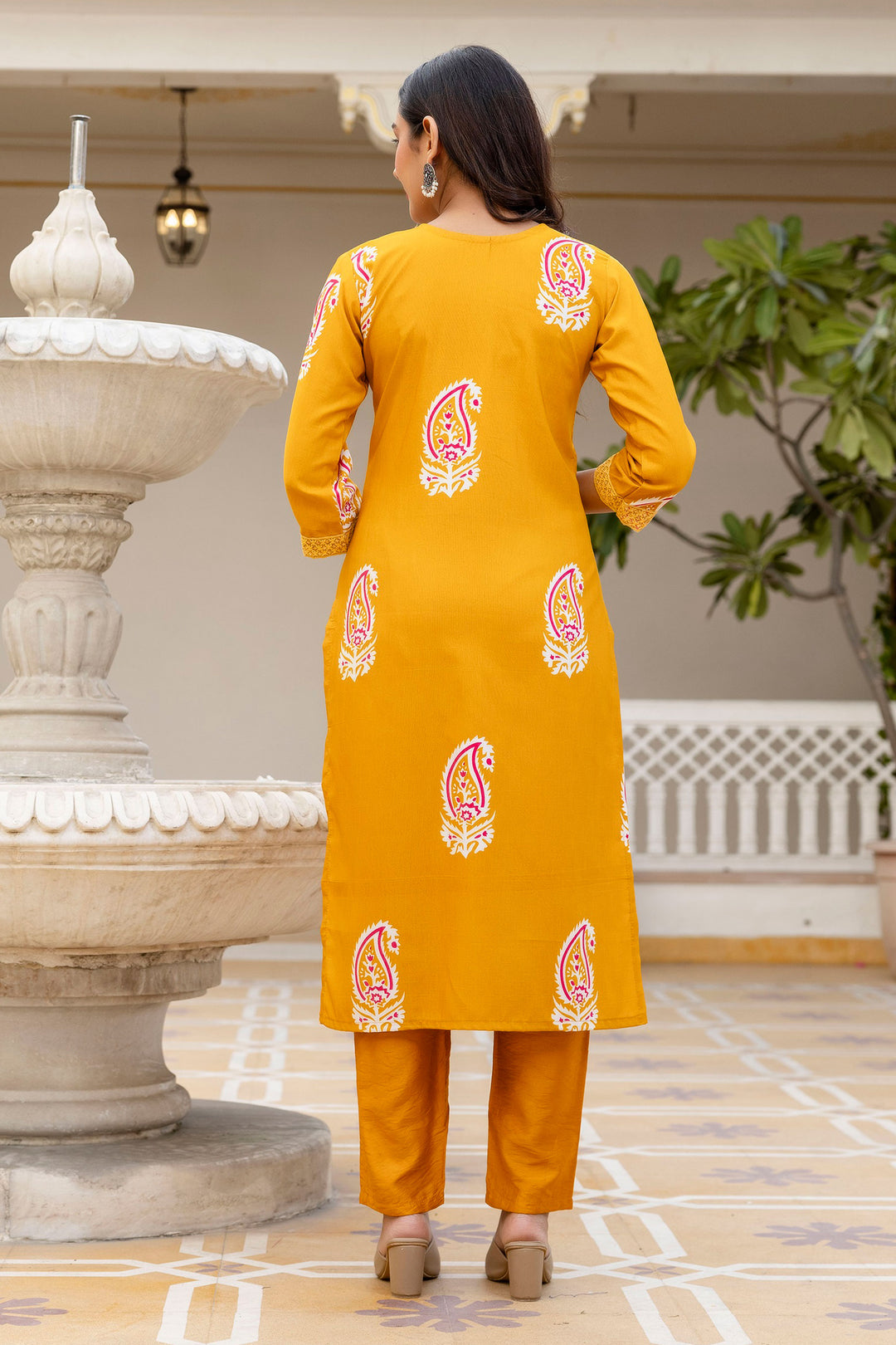Yellow Color Rayon Printed Readymade Salwar Suit