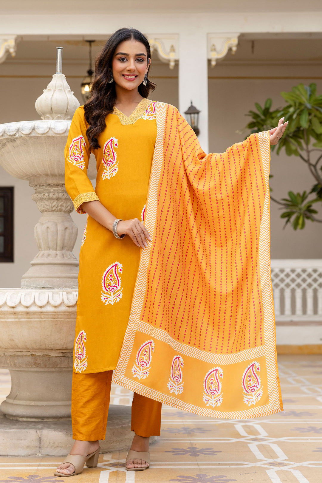Yellow Color Rayon Printed Readymade Salwar Suit