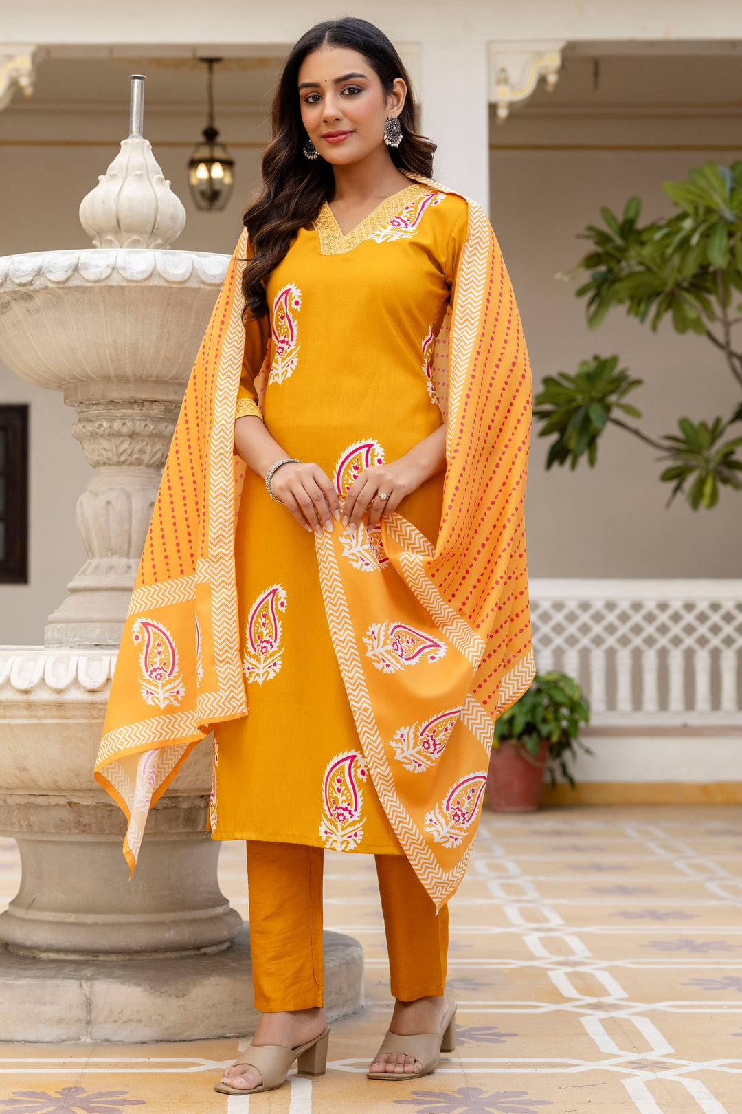 Yellow Color Rayon Printed Readymade Salwar Suit