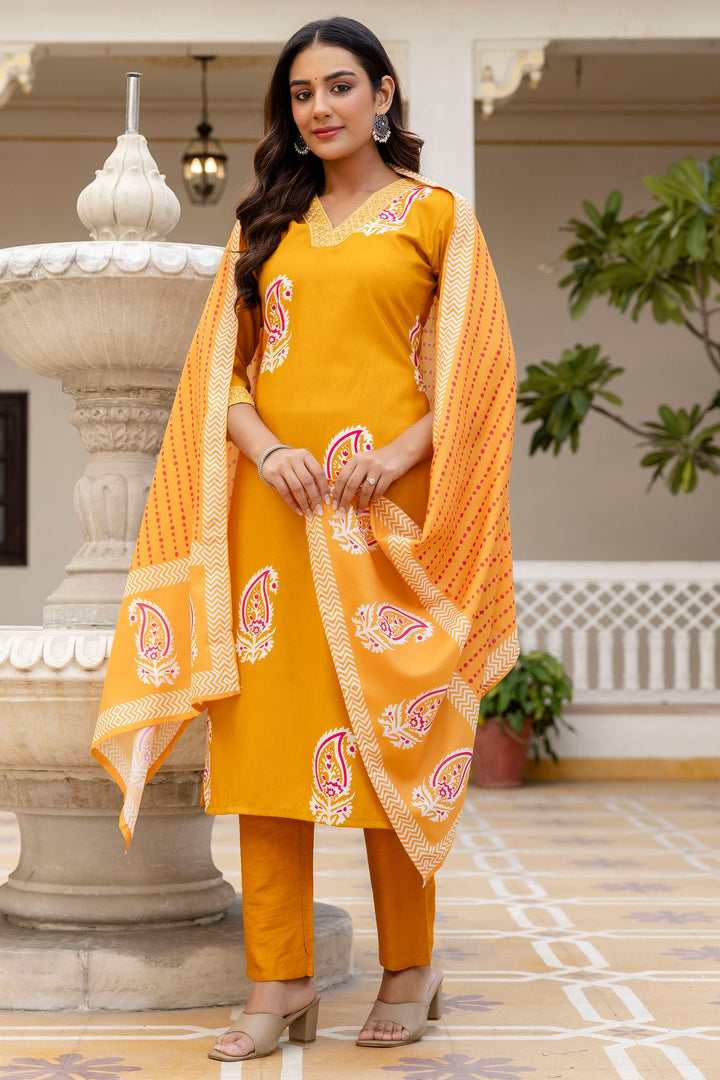 Yellow Color Rayon Printed Readymade Salwar Suit