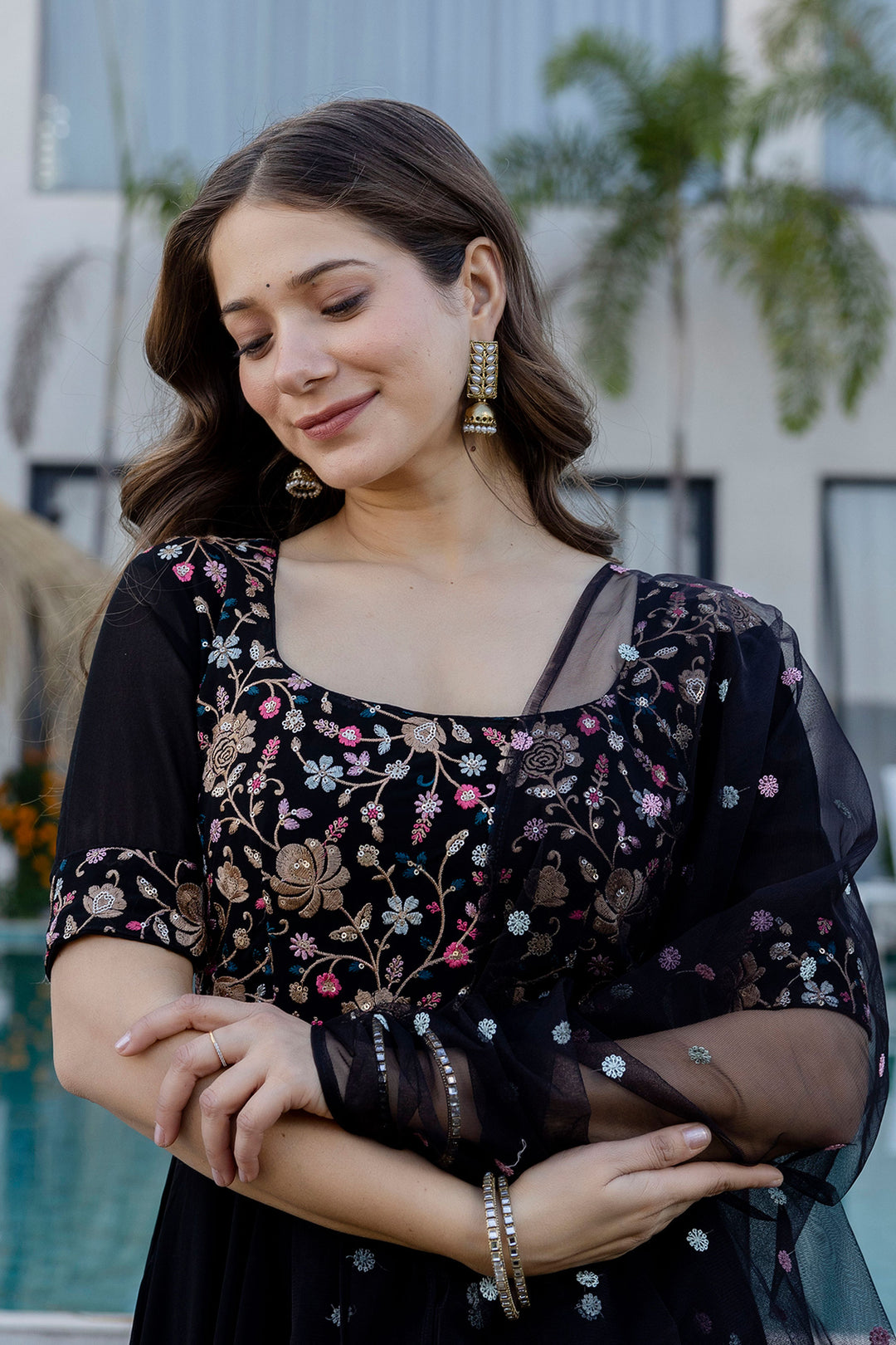 Georgette Fabric Black Embroidered Readymade Top With Dupatta