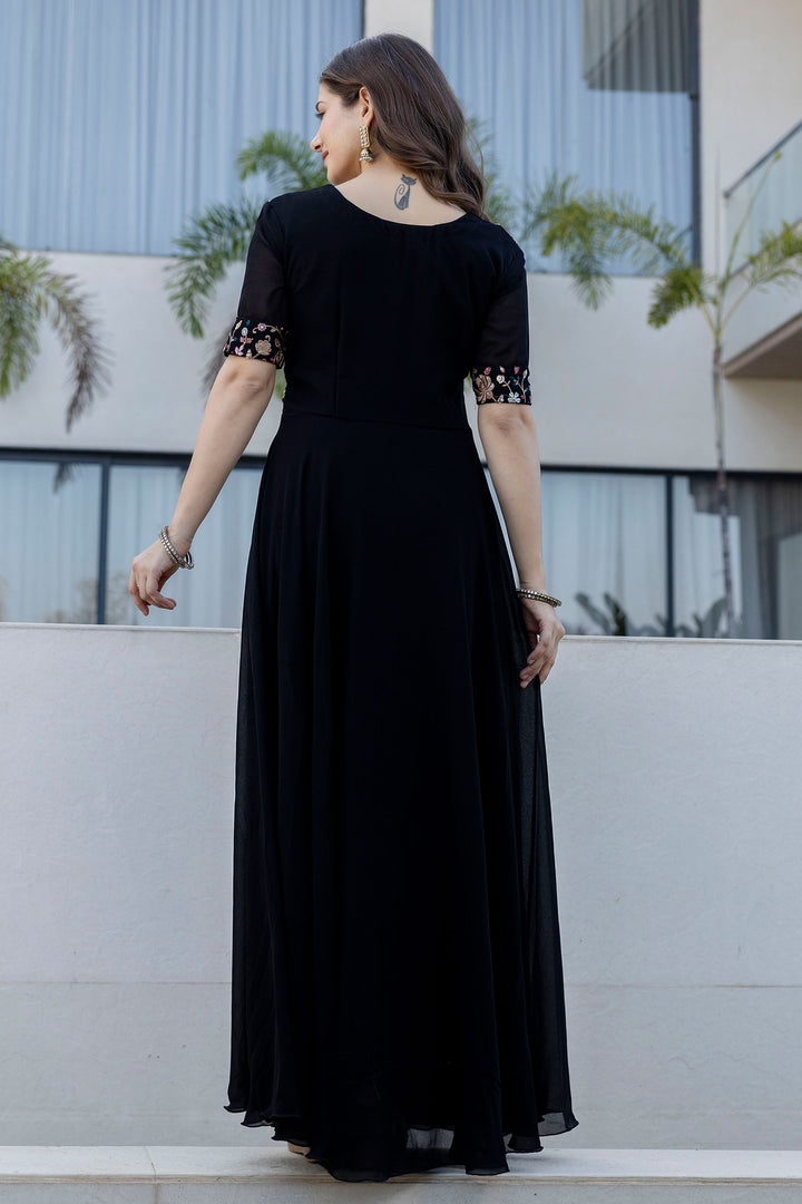Georgette Fabric Black Embroidered Readymade Top With Dupatta