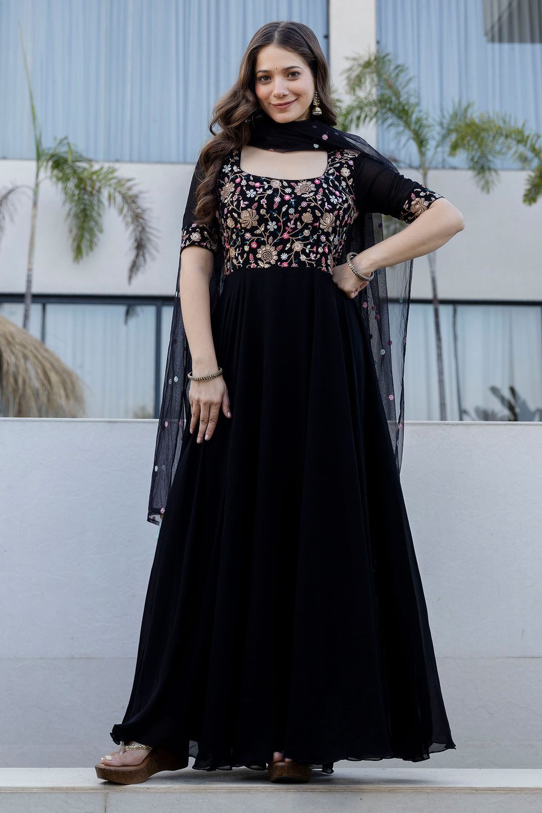Georgette Fabric Black Embroidered Readymade Top With Dupatta