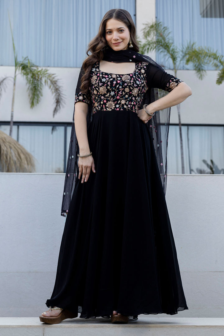 Georgette Fabric Black Embroidered Readymade Top With Dupatta