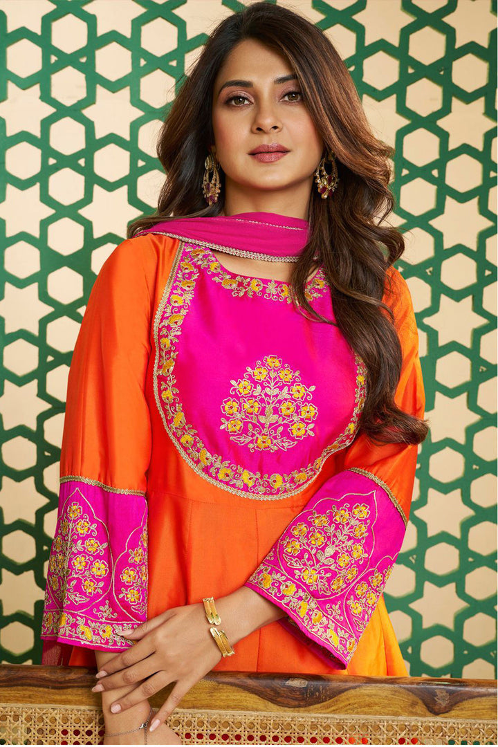 Chanderi Cotton Fabric Orange Readymade Salwar Suit
