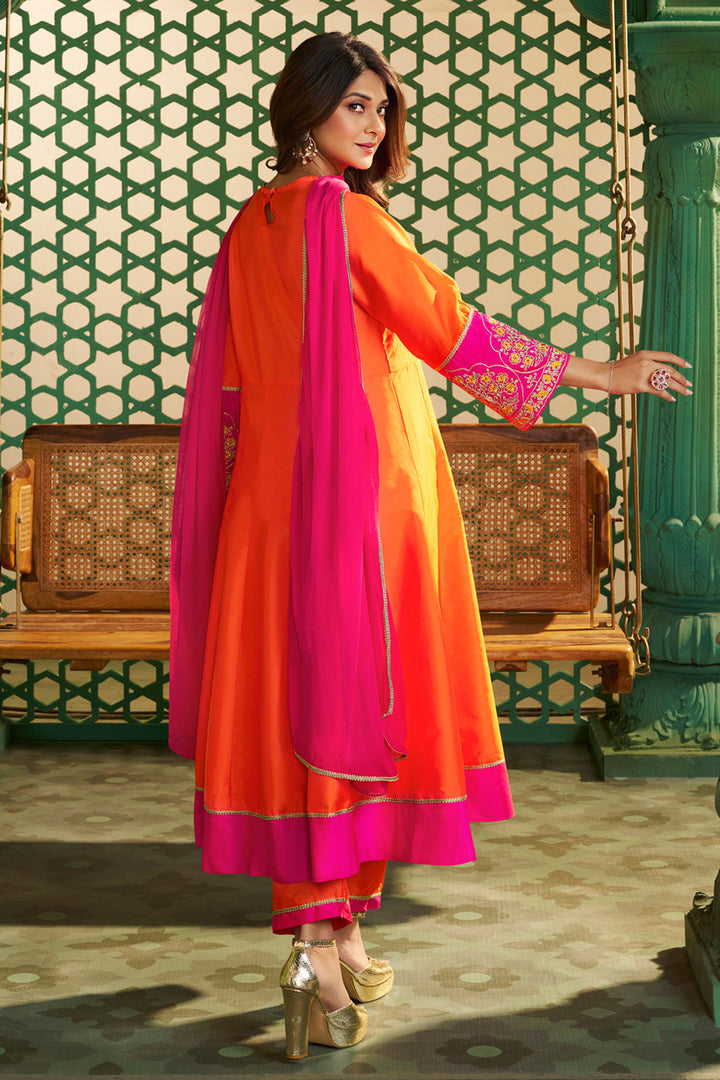 Chanderi Cotton Fabric Orange Readymade Salwar Suit