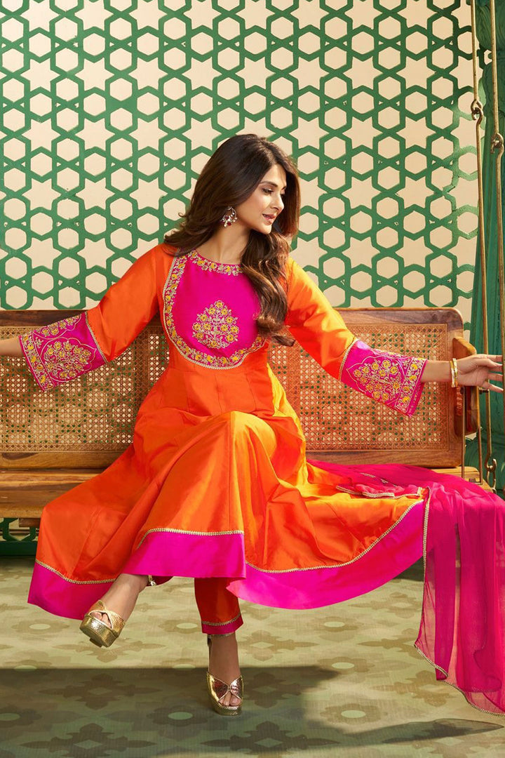 Chanderi Cotton Fabric Orange Readymade Salwar Suit