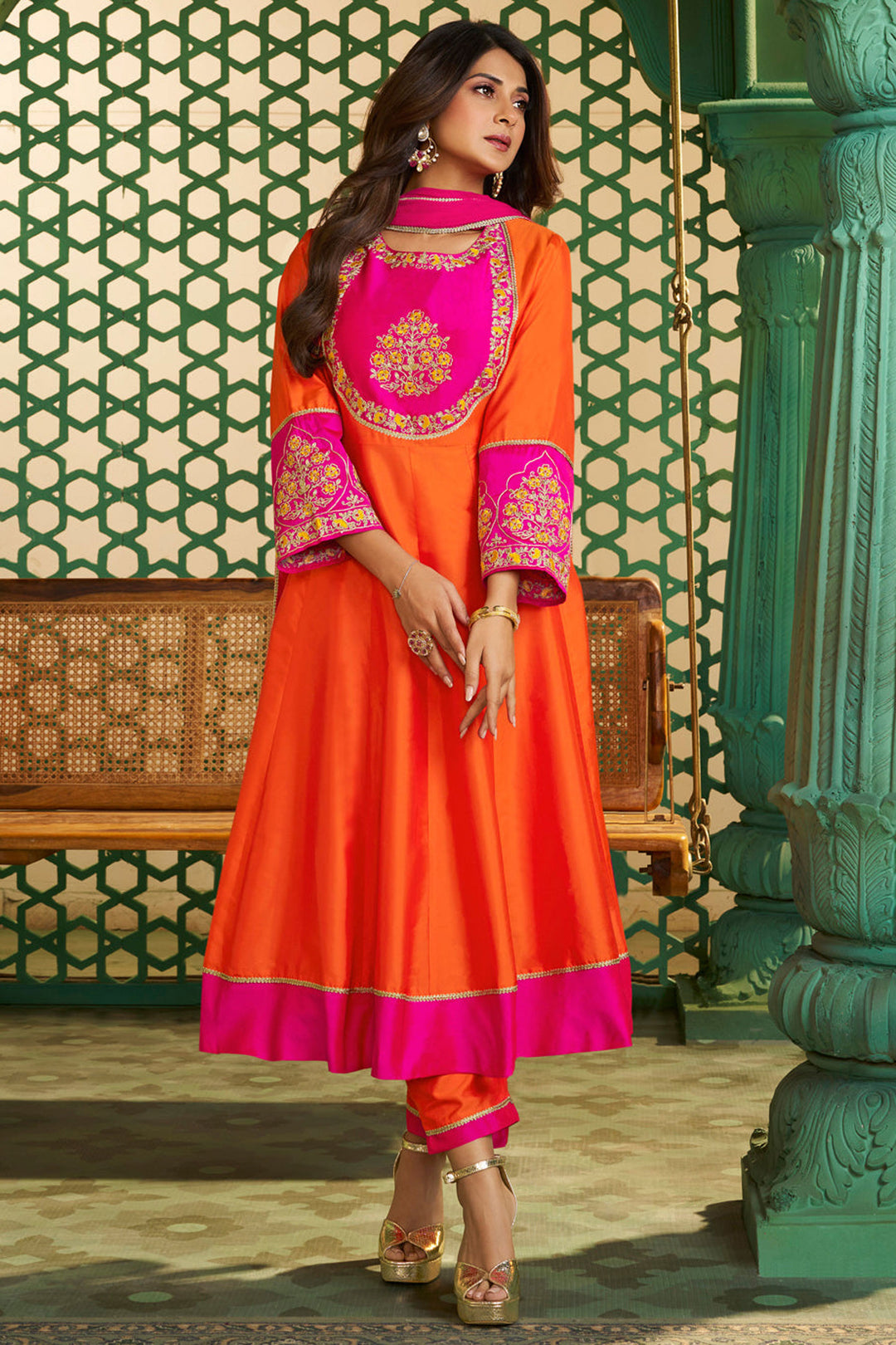 Chanderi Cotton Fabric Orange Readymade Salwar Suit