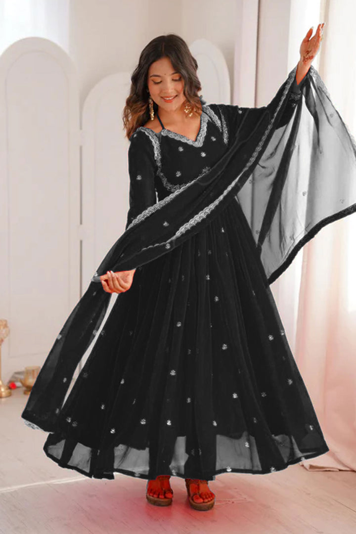 Black Georgette Fabric Readymade Embroidered Salwar Suit
