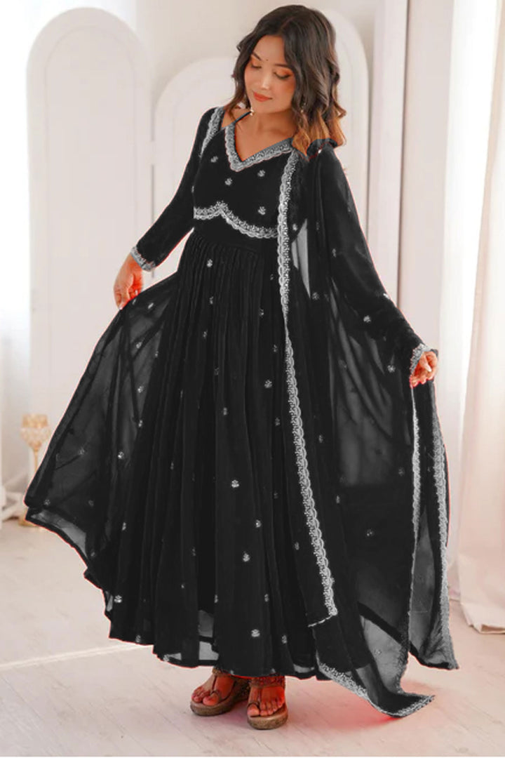 Black Georgette Fabric Readymade Embroidered Salwar Suit