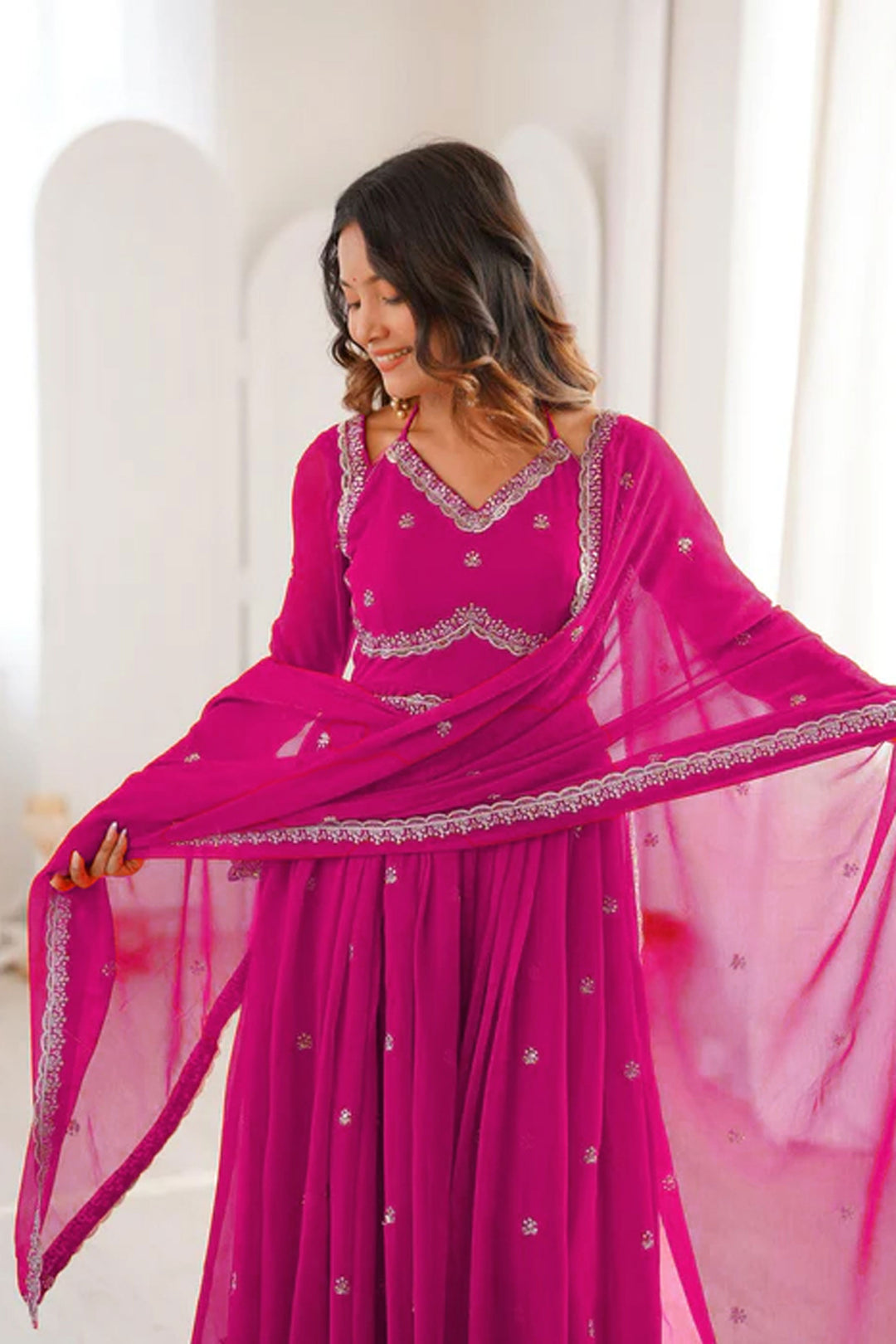 Georgette Fabric Pink Color Readymade Salwar Suit