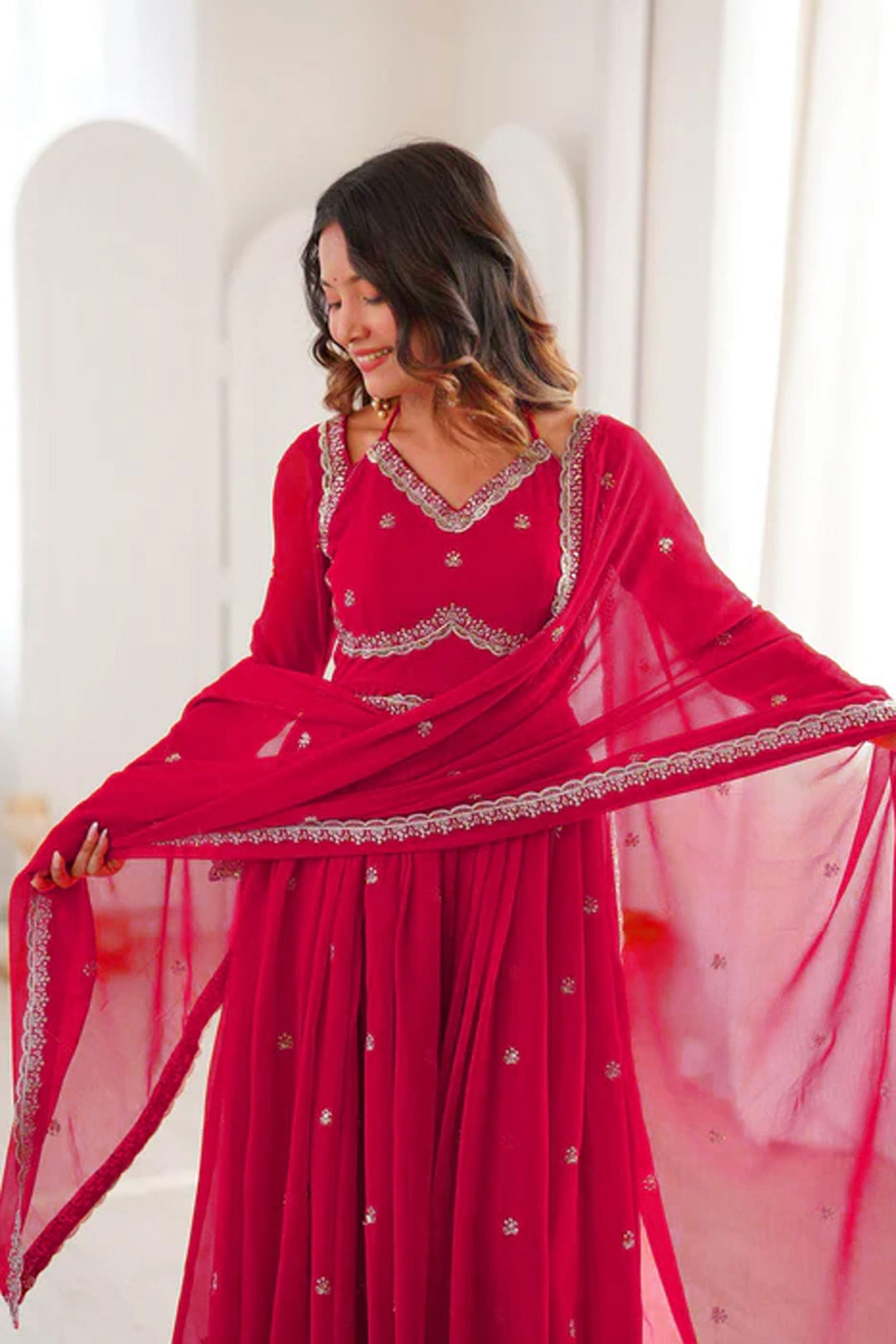 Georgette Fabric Red Embroidered Readymade Salwar Suit