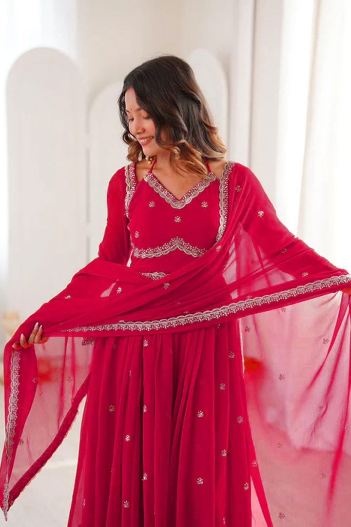 Georgette Fabric Red Embroidered Readymade Salwar Suit