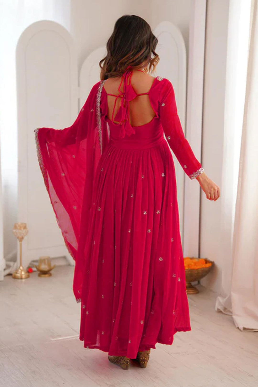 Georgette Fabric Red Embroidered Readymade Salwar Suit