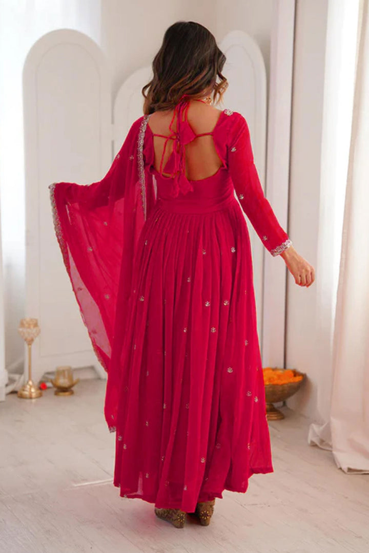 Georgette Fabric Red Embroidered Readymade Salwar Suit