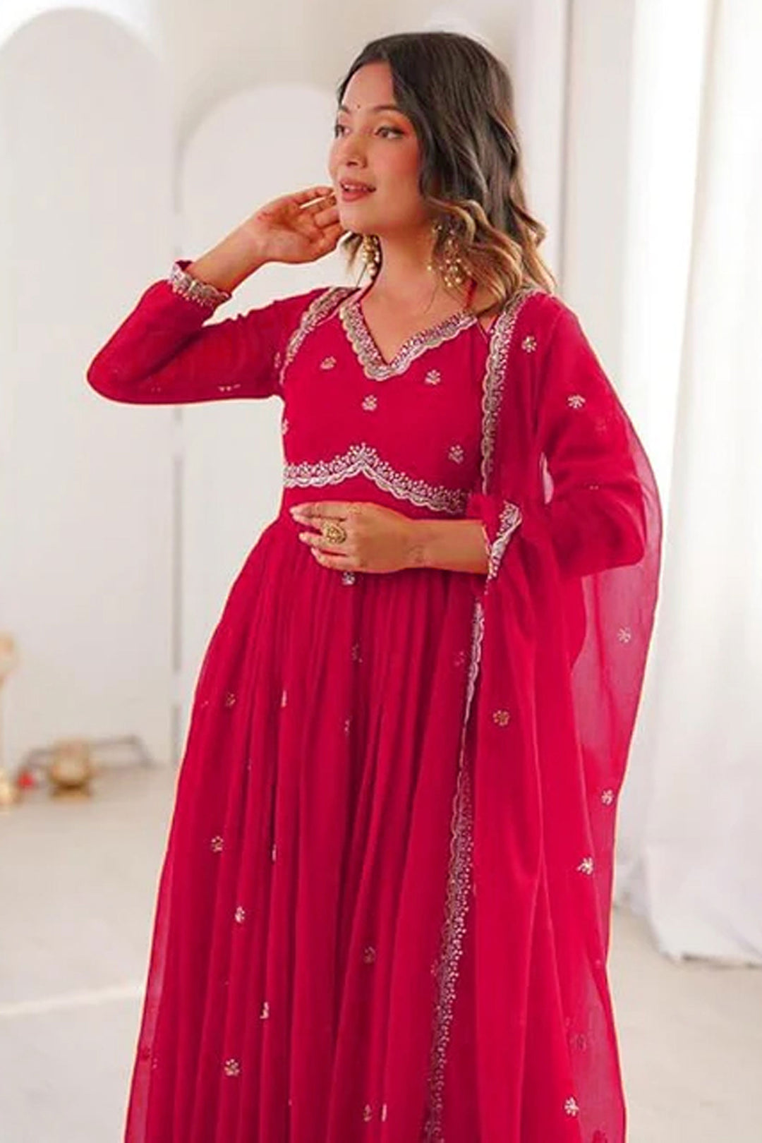 Georgette Fabric Red Embroidered Readymade Salwar Suit