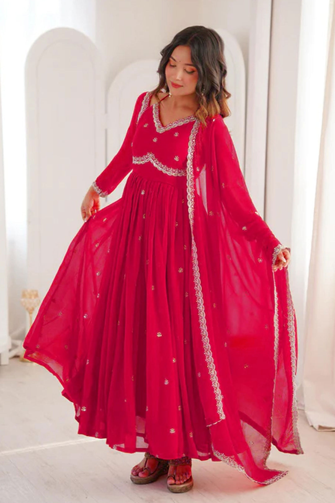Georgette Fabric Red Embroidered Readymade Salwar Suit