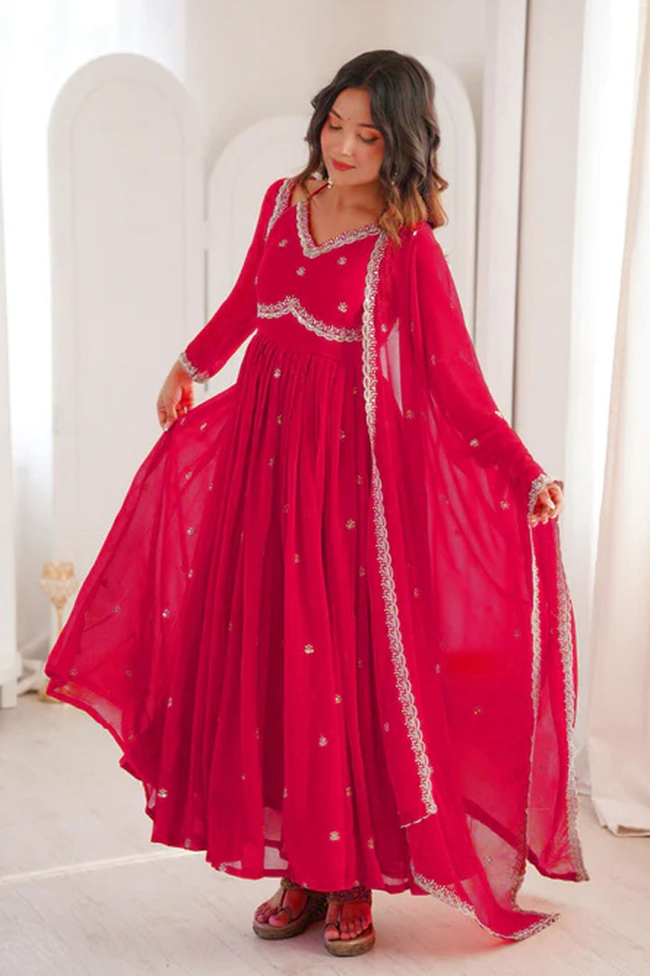Georgette Fabric Red Embroidered Readymade Salwar Suit
