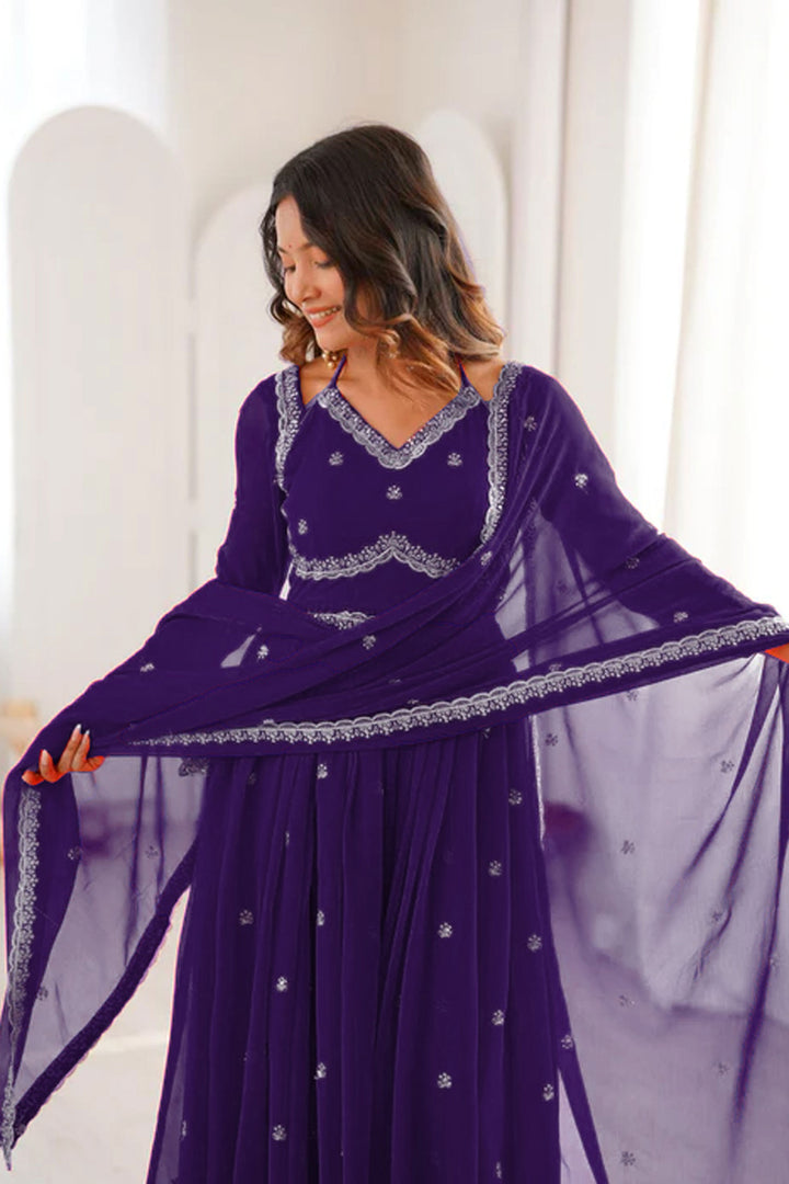 Georgette Fabric Purple Readymade Salwar Suit