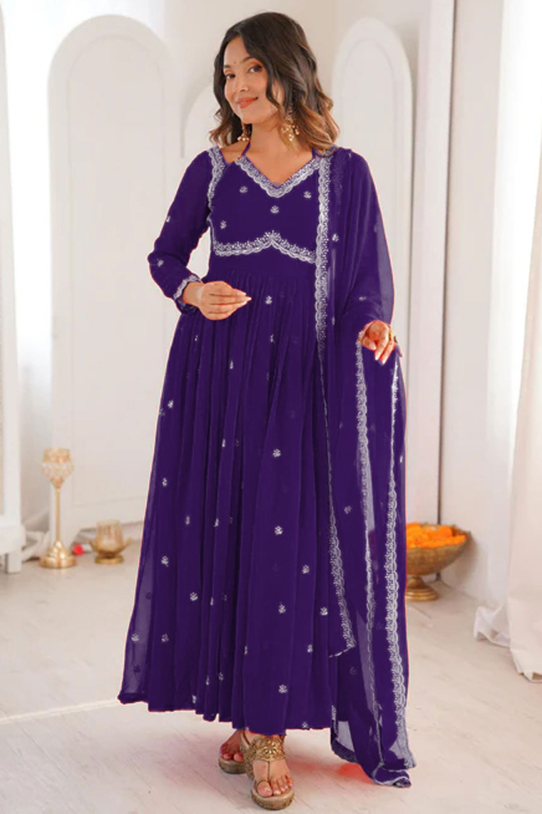 Georgette Fabric Purple Readymade Salwar Suit