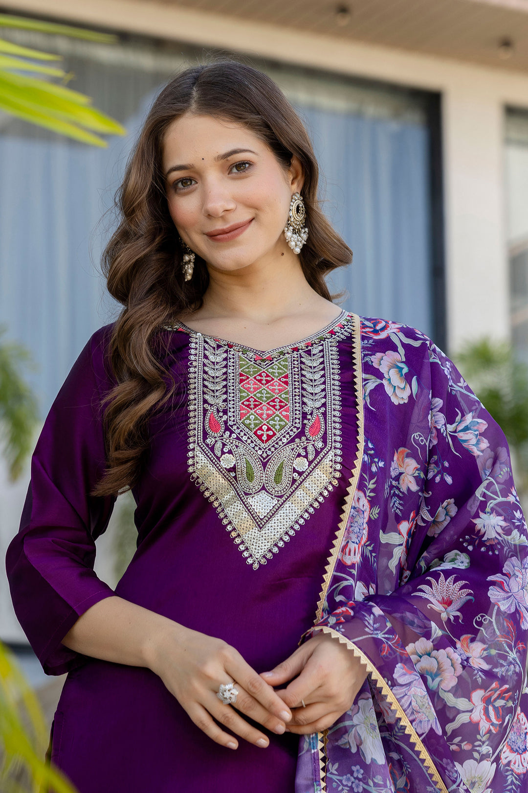 Amazing Purple Chanderi Cotton Fabric Readymade Salwar Suit