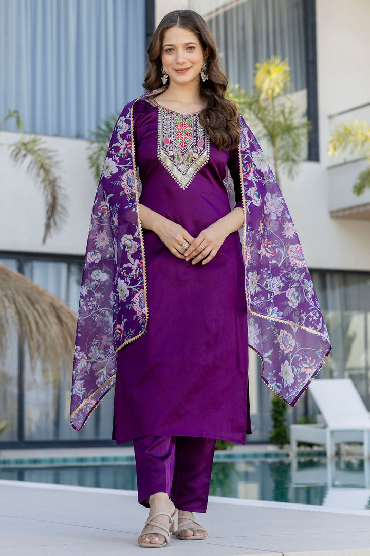 Amazing Purple Chanderi Cotton Fabric Readymade Salwar Suit