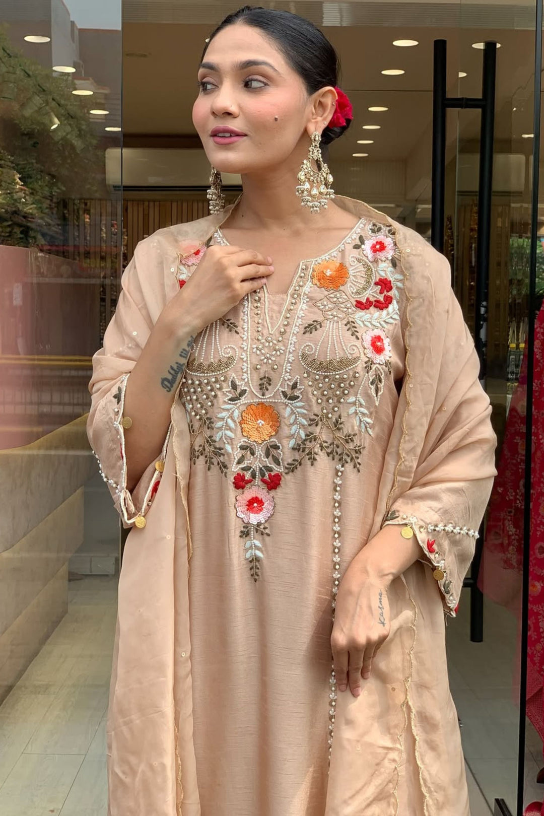 Trendy Chanderi Fabric Beige Color Readymade Salwar Suit